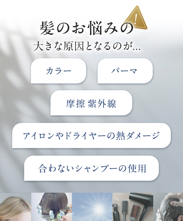 髪のお悩みの大きな原因となるのが・・・カラー　パーマ　摩擦　紫外線　アイロンやドライヤーの熱ダメージ　合わないシャンプーの使用