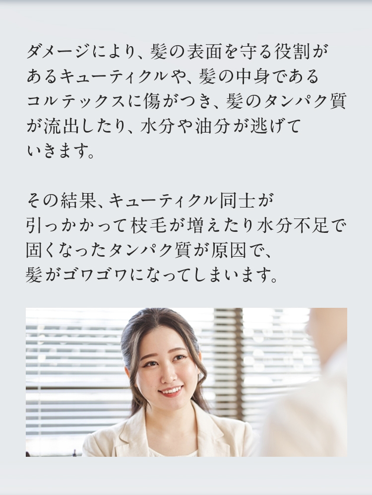 ダメージにより、髪の表面を守る役割があるキューティクルや、髪の中身であるコルテックスに傷がつき、髪のタンパク質が流出したり、水分や油分が逃げていきます。その結果、キューティクル同士が引っかかって枝毛が増えたり水分不足で堅くなったタンパク質が原因で、髪がゴワゴワになってしまいます。