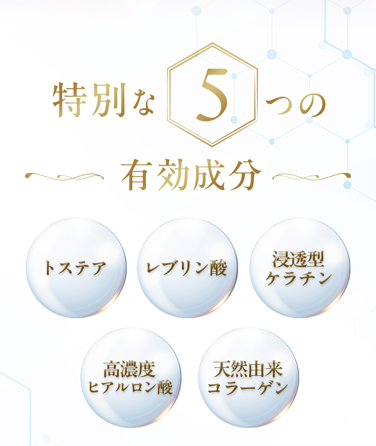 特別な5つの有効成分　トステア　レブリン酸　浸透型ケラチン　高濃度ヒアルロン酸　天然由来コラーゲン