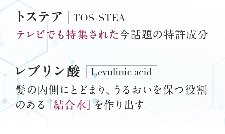 トステアTOS-STEAテレビでも特集された今話題の特許成分　レブリン酸Levulinicacid髪の内側にとどまり、うるおいを保つ役割のある「結合水」を作り出す