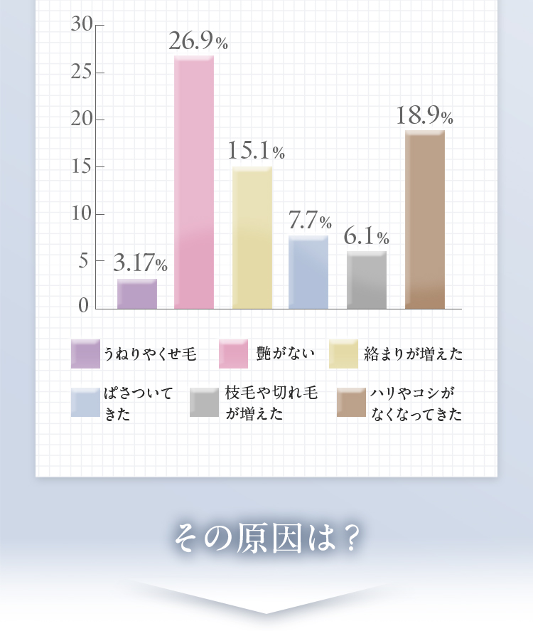 うねりやくせ毛3.17％　ぱさついてきた26.9％　艶がない15.1％　枝毛や切れ毛が増えた7.7％　絡まりが増えた6.1％　ハリやコシがなくなってきた18.9％